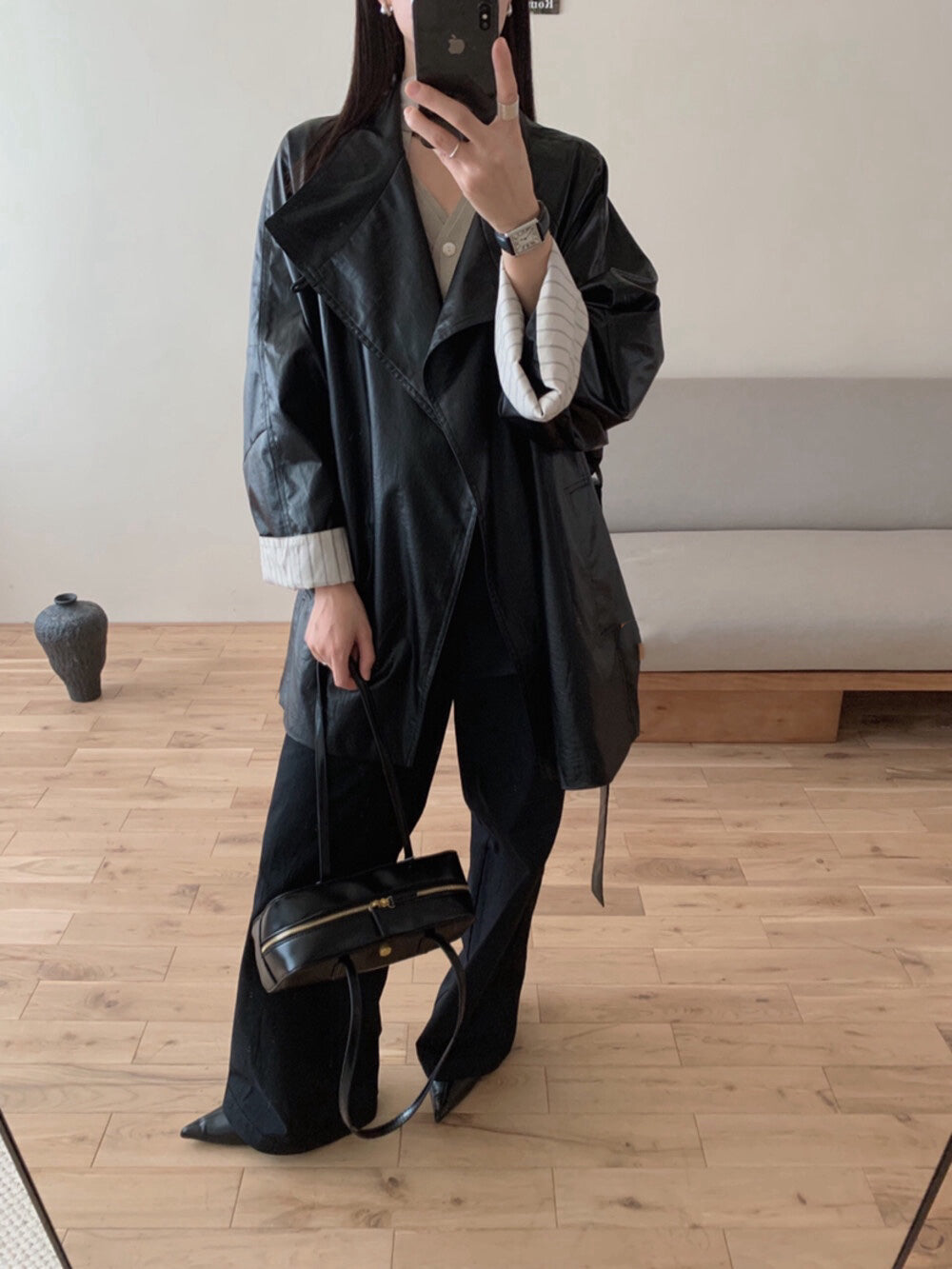 Fake Leather Trench Coat 立領仿皮風衣外套