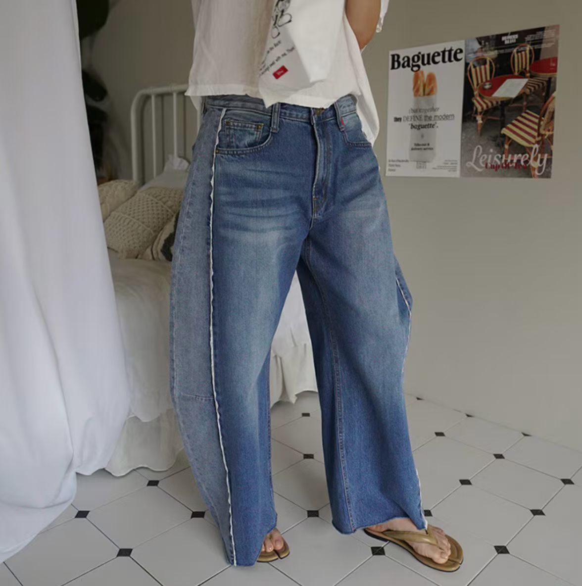 #102 Trendy Jeans 時尚寬腳併蕾絲邊牛仔褲