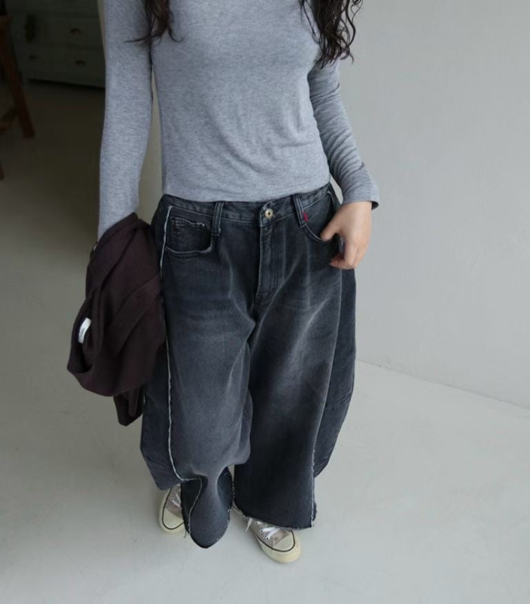 #102 Trendy Jeans 時尚寬腳併蕾絲邊牛仔褲