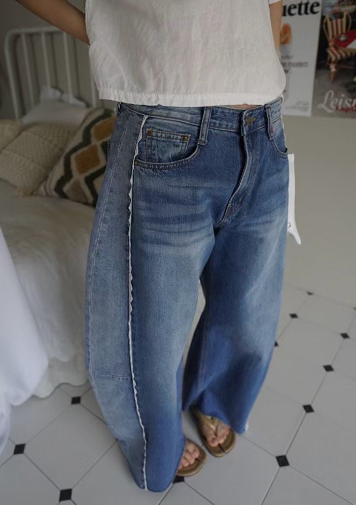 #102 Trendy Jeans 時尚寬腳併蕾絲邊牛仔褲